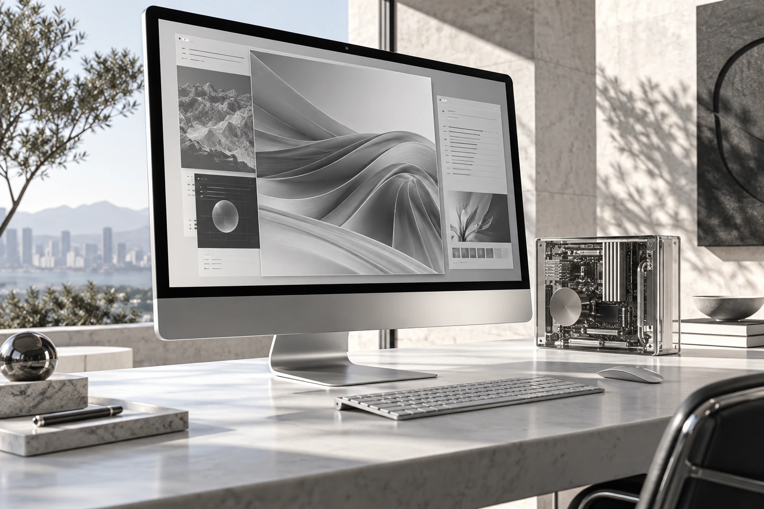 Conceptual silver computing workstation displaying software