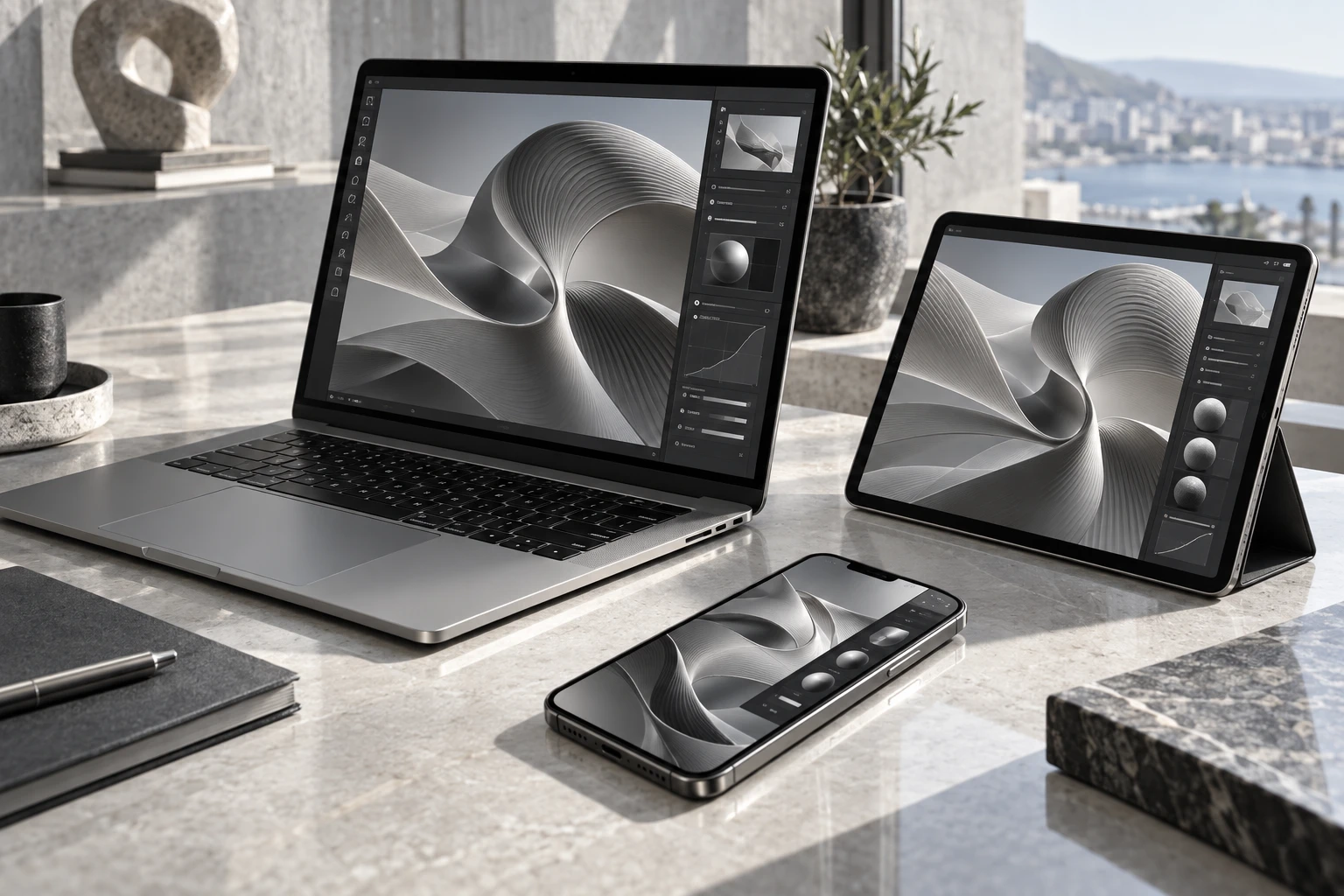 Connected laptop tablet and phone concept