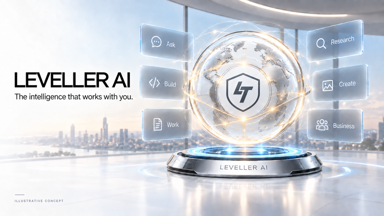 Illustrative Leveller AI concept: a porcelain-white connected globe with the approved LT shield, surrounded by six planned modes
