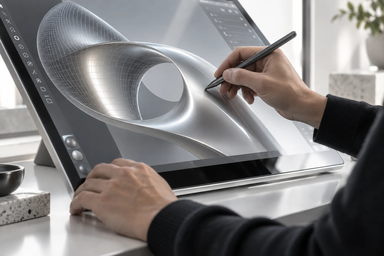 Hands shaping a digital design with a pen display